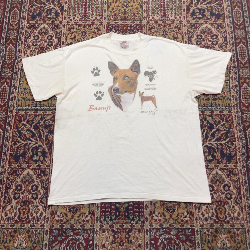 VTG 90s Oneita Basenji Dog Breed Graphic T-Shirt XL Cream Single Stitch USA Rare